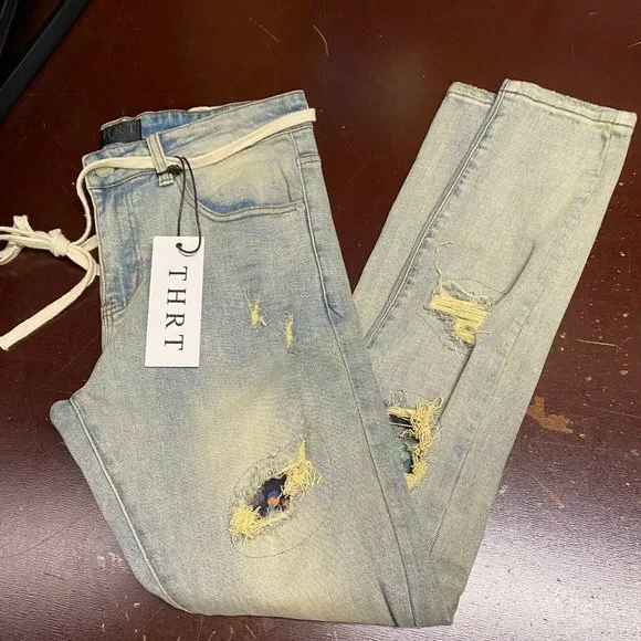 Thrt Mens Blue Light Wash Distressed Pockets Straight Leg Denim Jeans Size 32